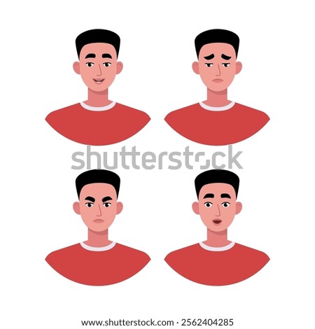 Character emotion set. A man experiences joy, sadness, surprise, anger, laughter, suspicion, and astonishment. Vector illustration in a flat style