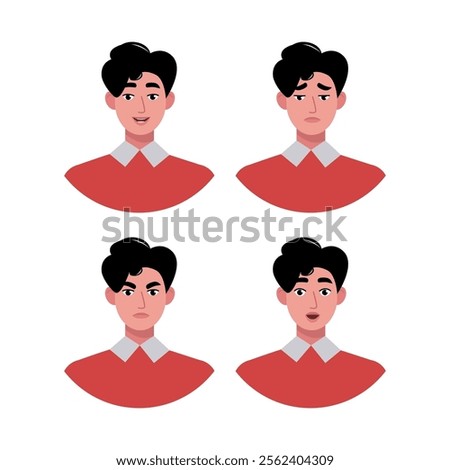 Character emotion set. A man experiences joy, sadness, surprise, anger, laughter, suspicion, and astonishment. Vector illustration in a flat style