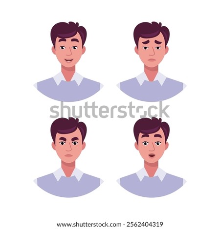 Character emotion set. A man experiences joy, sadness, surprise, anger, laughter, suspicion, and astonishment. Vector illustration in a flat style