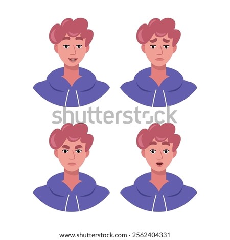 Character emotion set. A man experiences joy, sadness, surprise, anger, laughter, suspicion, and astonishment. Vector illustration in a flat style