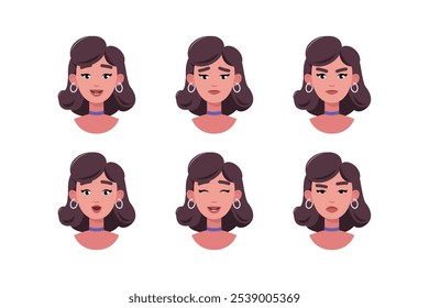 Conjunto de emociones de personaje. Una mujer experimenta alegría, tristeza, sorpresa, ira, risa, sospecha y asombro. Ilustración vectorial en un estilo plano