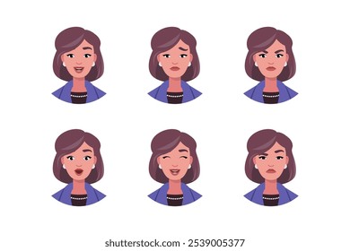 Character emotion set. A woman experiences joy, sadness, surprise, anger, laughter, suspicion, and astonishment. Vector illustration in a flat style