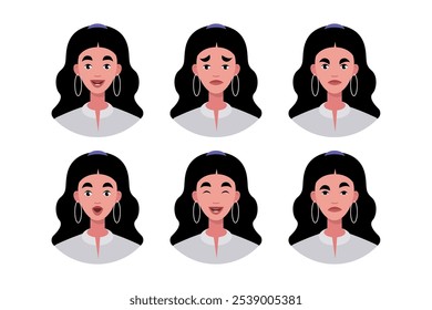 Conjunto de emociones de personaje. Una mujer experimenta alegría, tristeza, sorpresa, ira, risa, sospecha y asombro. Ilustración vectorial en un estilo plano