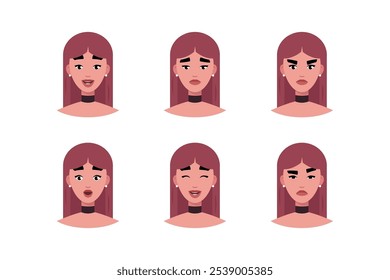 Character emotion set. A woman experiences joy, sadness, surprise, anger, laughter, suspicion, and astonishment. Vector illustration in a flat style