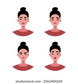 Character emotion set. A woman experiences joy, sadness, surprise, anger, laughter, suspicion, and astonishment. Vector illustration in a flat style