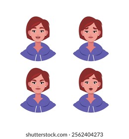 Character emotion set. A woman experiences joy, sadness, surprise, anger, laughter, suspicion, and astonishment. Vector illustration in a flat style