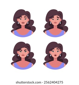 Character emotion set. A woman experiences joy, sadness, surprise, anger, laughter, suspicion, and astonishment. Vector illustration in a flat style