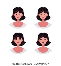 Character emotion set. A woman experiences joy, sadness, surprise, anger, laughter, suspicion, and astonishment. Vector illustration in a flat style