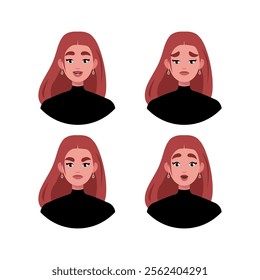 Character emotion set. A woman experiences joy, sadness, surprise, anger, laughter, suspicion, and astonishment. Vector illustration in a flat style