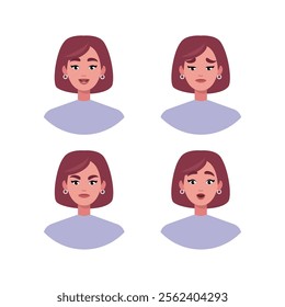 Character emotion set. A woman experiences joy, sadness, surprise, anger, laughter, suspicion, and astonishment. Vector illustration in a flat style