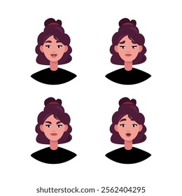 Character emotion set. A woman experiences joy, sadness, surprise, anger, laughter, suspicion, and astonishment. Vector illustration in a flat style