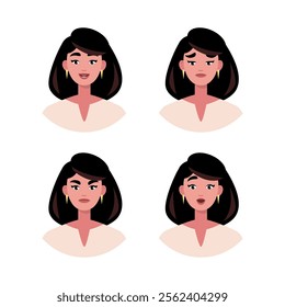 Character emotion set. A woman experiences joy, sadness, surprise, anger, laughter, suspicion, and astonishment. Vector illustration in a flat style