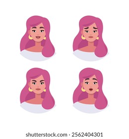 Character emotion set. A woman experiences joy, sadness, surprise, anger, laughter, suspicion, and astonishment. Vector illustration in a flat style