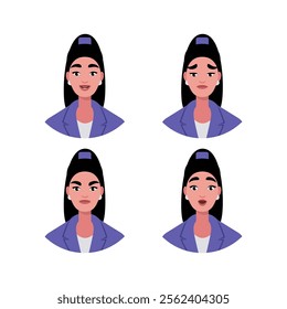 Character emotion set. A woman experiences joy, sadness, surprise, anger, laughter, suspicion, and astonishment. Vector illustration in a flat style