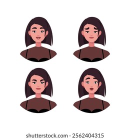 Character emotion set. A woman experiences joy, sadness, surprise, anger, laughter, suspicion, and astonishment. Vector illustration in a flat style