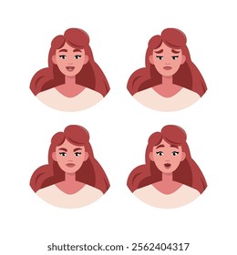 Character emotion set. A woman experiences joy, sadness, surprise, anger, laughter, suspicion, and astonishment. Vector illustration in a flat style