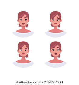 Character emotion set. A woman experiences joy, sadness, surprise, anger, laughter, suspicion, and astonishment. Vector illustration in a flat style