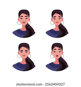 Character emotion set. A woman experiences joy, sadness, surprise, anger, laughter, suspicion, and astonishment. Vector illustration in a flat style