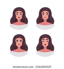 Character emotion set. A woman experiences joy, sadness, surprise, anger, laughter, suspicion, and astonishment. Vector illustration in a flat style