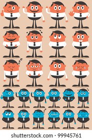 Character Emotions 2: Retro businessman character in 12 different emotions and 24 versions. Easy to change colors. No transparency and gradients used.