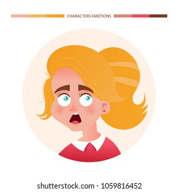 Character emotions avatar scared girl with red hair. Emoji with woman facial expressions. Vector illustration in cartoon style