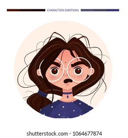 Character emotions avatar surprise girl brunette in glasses. Emoji with woman facial expressions. Vector illustration in cartoon style
