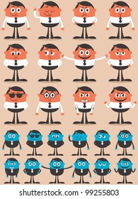 Character Emotions: Retro businessman character in 12 different emotions and 24 versions. Easy to change colors. No transparency and gradients used.