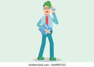 A character of an employee was busy with his phone, happy themes. Simple character vector illustration, this illustration can use as a sticker also.