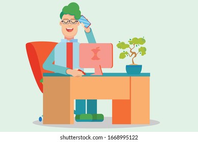 A character of an employee on the phone while sitting on workbench, happy themes. Simple character vector illustration, this illustration can use as a sticker also.