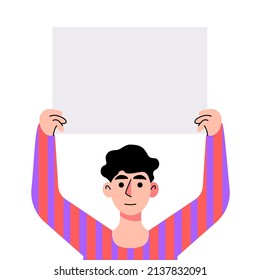 Character with empty banner, placard, poster. Vector illustration in a flat style