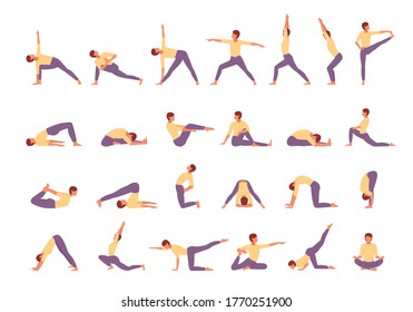 Character engaged fitness yoga large set. Woman conducts tadasana exercises stands pose tree asana triangle meditative savasana combat virabhadrasana relaxing pose bridge. Ustrasana vector flat