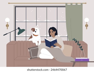 A character engrossed in a book on a cozy couch, accompanied by their loyal spotted dog