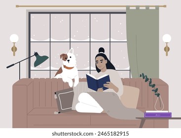 A character engrossed in a book on a cozy couch, accompanied by their loyal spotted dog