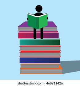 A character engrossed in studying sitting on the books piled up.