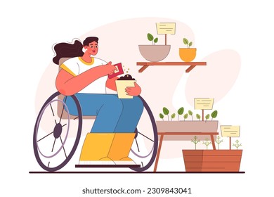 Character enjoy gardening. Disabled woman on a wheelchair planting and taking care of potted house plants and microgreen. Modern agricultural hobby, urban farming. Flat vector illustration