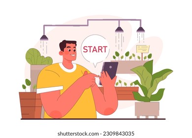 Character enjoy gardening. Man taking care of potted house plants and microgreen with smart irrigation system. Modern agricultural hobby, urban farming. Flat vector illustration