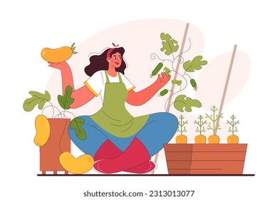 Character enjoy gardening. Woman harvesting and taking care of plants and garden vegetables and fruits. Modern agricultural hobby, urban farming. Flat vector illustration