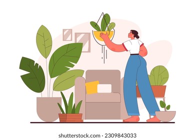 Character enjoy gardening. Woman planting and taking care of potted house plants. Modern agricultural hobby, urban farming. Flat vector illustration