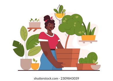 Character enjoy gardening. Woman planting and taking care of potted house plants. Modern agricultural hobby, urban farming. Flat vector illustration