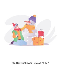 A character enjoying christmas snowfall, a flat illustration
