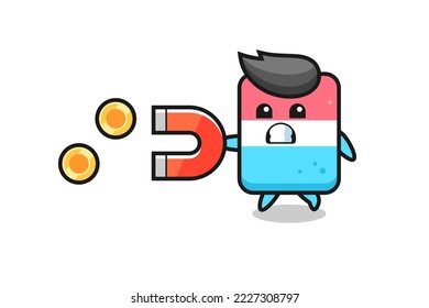 the character of eraser hold a magnet to catch the gold coins , cute style design for t shirt, sticker, logo element