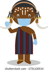 Character from Ethiopia (Mursi Tribe) dressed in the traditional way and with surgical mask and latex gloves as protection against a health emergency