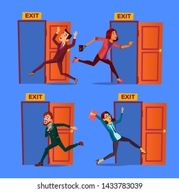 Character Evacuation To Open Door Exit Set Vector. Collection Of Evacuation Businessman And Young Woman Panic Running Out Of Building. Alarm Signalization Flat Cartoon Illustration