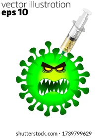 character evil coronovirus molecule with teeth stuck a syringe with a vaccine