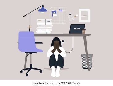 A character experiencing a mental breakdown in their office, crouched beneath their desk, seeking refuge from the overwhelming paperwork and the stress of modern-day competition