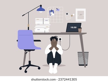 A character experiencing a mental breakdown in their office, crouched beneath their desk, seeking refuge from the overwhelming paperwork and the stress of modern-day competition