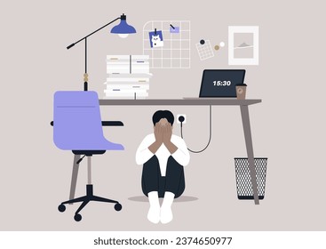 A character experiencing a mental breakdown in their office, crouched beneath their desk, seeking refuge from the overwhelming paperwork and the stress of modern-day competition