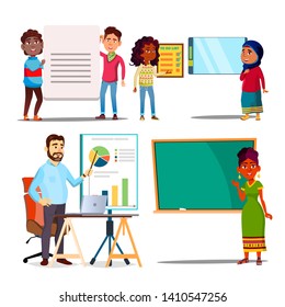 Character Explain Educational Material Set Vector. Teacher Woman Standing Near Blackboard, Man Show Presentation With Graphics. Children Explain Text Meaning And Task. Flat Cartoon Illustration