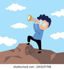 character explore the sky concept, climb up the mountain to survey.