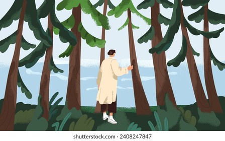 Carácter explorando la naturaleza, caminando por el bosque, yendo al mar. Aventura, paseos por un tranquilo y sereno paisaje, bosques. Tranquilidad, paz, serenidad, concepto de psicología. Ilustración vectorial plana